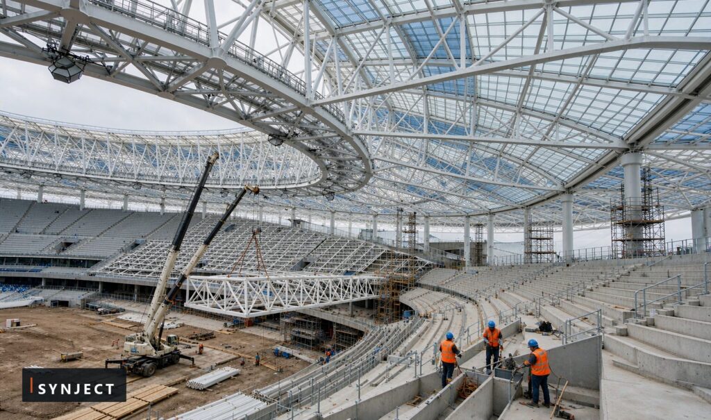 SynJect white tubular space frame roof with lattice ring truss under construction over stadium seating terraces