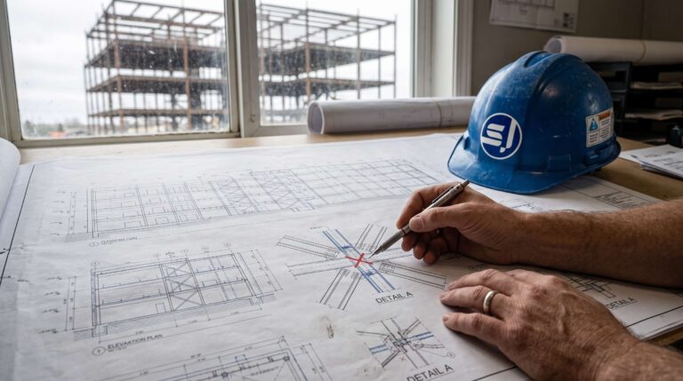 SynJect engineers are studying design drawings at the construction site of a steel structure project.