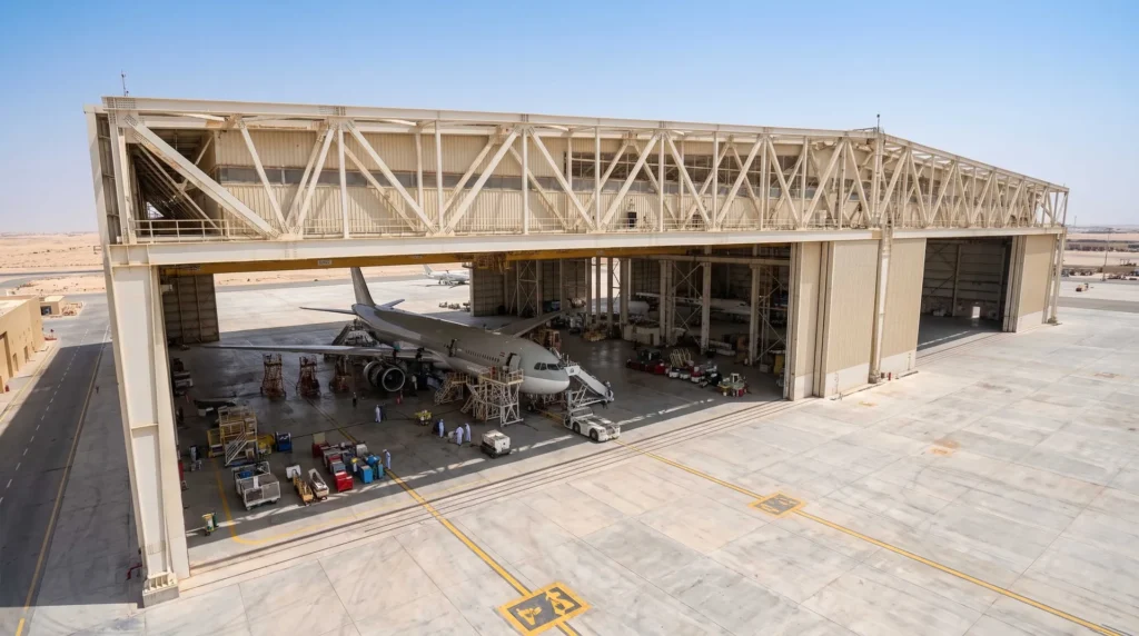 135m Total Frontage Dual-Bay Wide-Body Aviation Maintenance Hangar in Riyadh, Saudi Arabia: Precision Deflection Control on Center-Post Girders, Desert Thermal Stress Relief, and Fast-Track Turnkey Erection