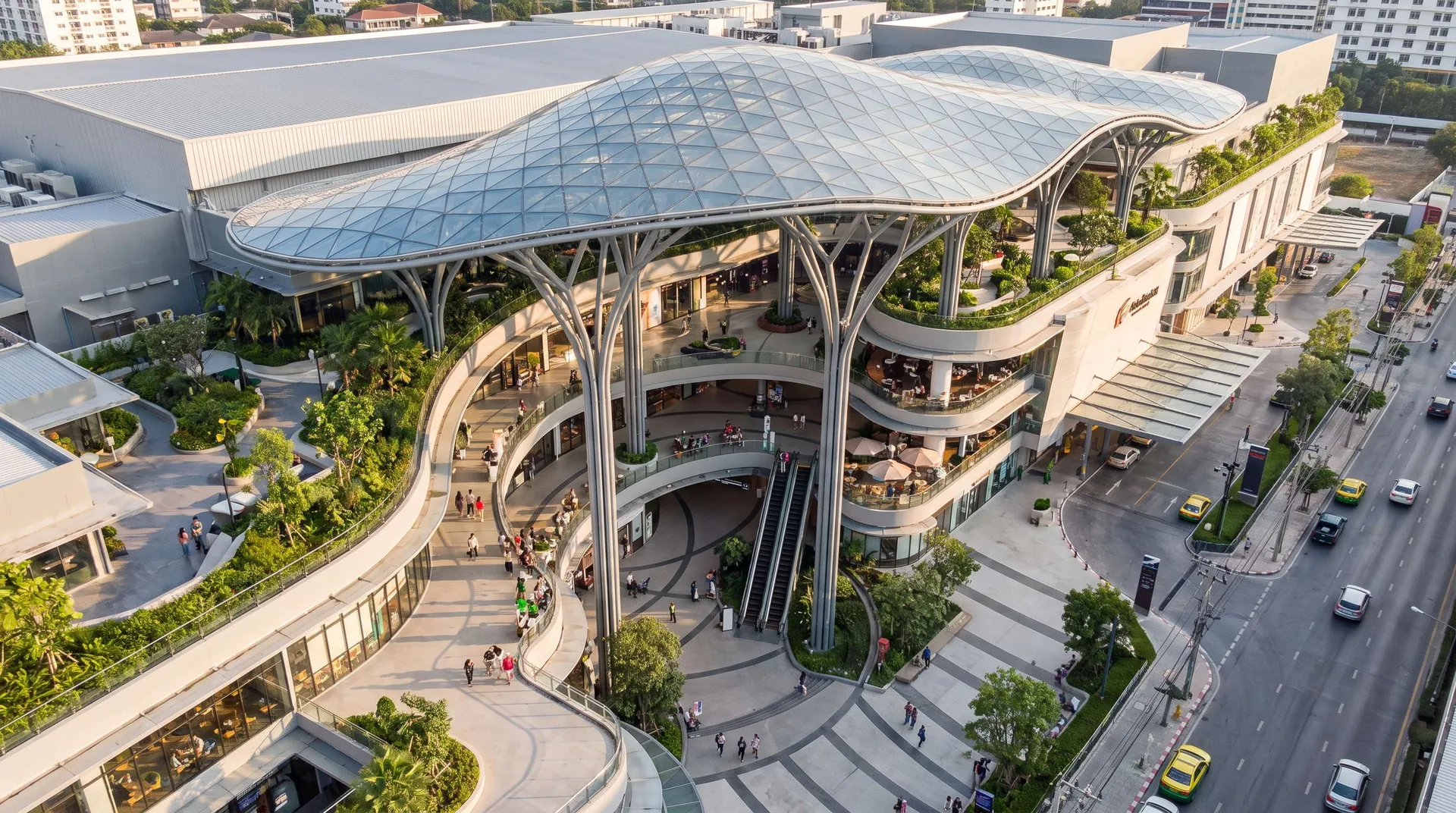28,000 sqm Freeform Architectural Steel Atrium Canopy in Thailand: Parametric Tree-Column Engineering and Zero-Tolerance Glass Integration