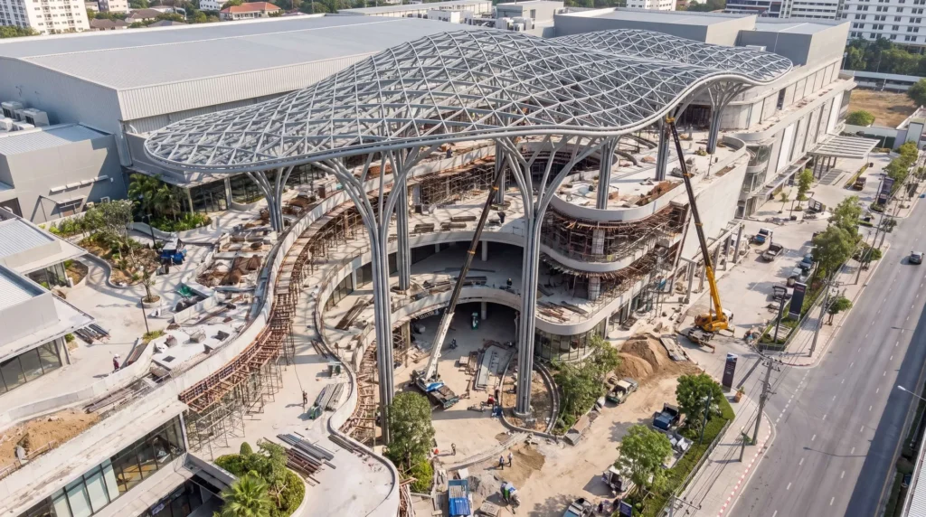 28,000 sqm Freeform Architectural Steel Atrium Canopy in Thailand: Parametric Tree-Column Engineering and Zero-Tolerance Glass Integration