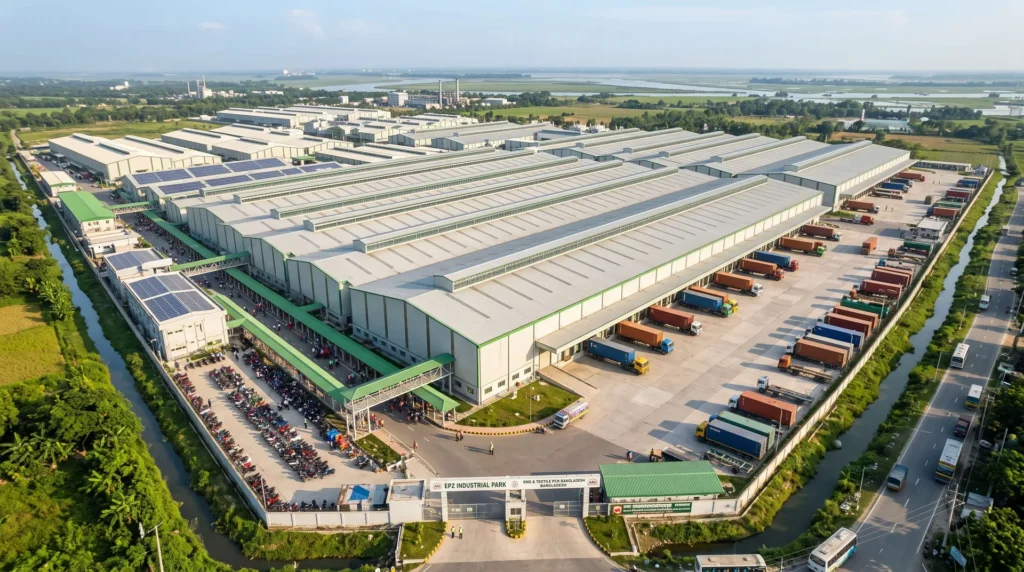 85,000 sqm LEED-Platinum Textile & Garment Hub in Bangladesh EPZ: RSC Accord Fire-Safety Compliance, Zero-Ponding Sawtooth Roofs, and Fast-Track Pre-Monsoon Turnkey Erection
