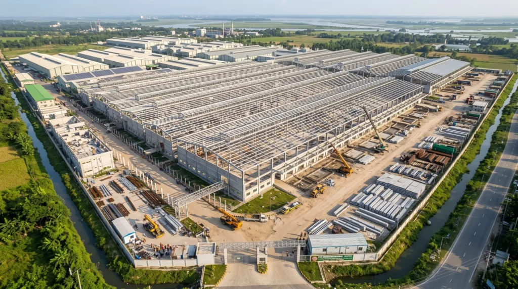 85,000 sqm LEED-Platinum Textile & Garment Hub in Bangladesh EPZ: RSC Accord Fire-Safety Compliance, Zero-Ponding Sawtooth Roofs, and Fast-Track Pre-Monsoon Turnkey Erection