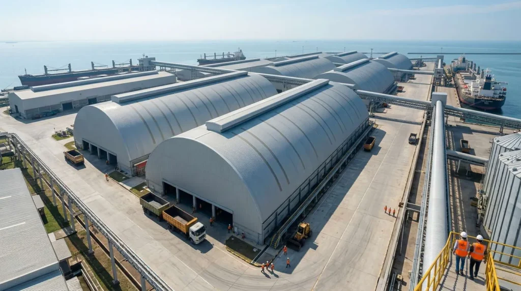 80m Clear-Span Arch Vault Bulk Sheds at Indonesian Deep-Water Port: Defying Marine Salt-Spray Corrosion and Wet-Season Demurrage Deadlines