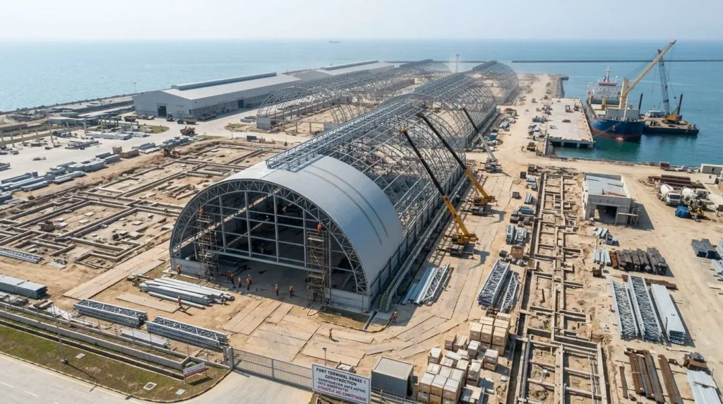 80m Clear-Span Arch Vault Bulk Sheds at Indonesian Deep-Water Port: Defying Marine Salt-Spray Corrosion and Wet-Season Demurrage Deadlines
