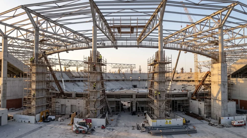 48,000 sqm Cantilevered Space Frame Stadium Canopy in Qatar: Sub-Millimeter Ball-Joint Precision and Deflection Control