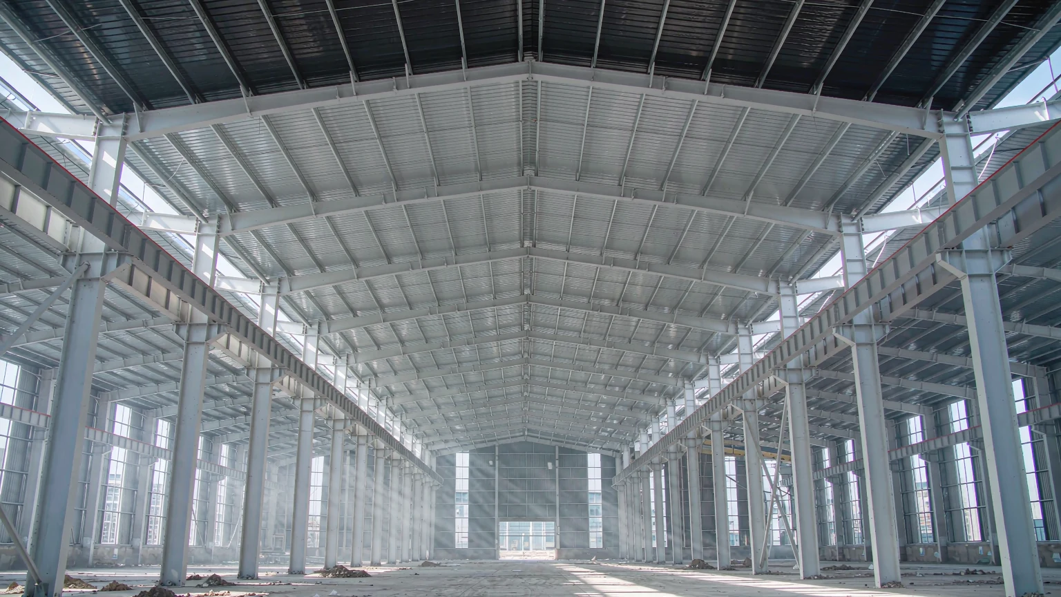 Interior of a wide clear-span steel portal frame building with overhead crane runway