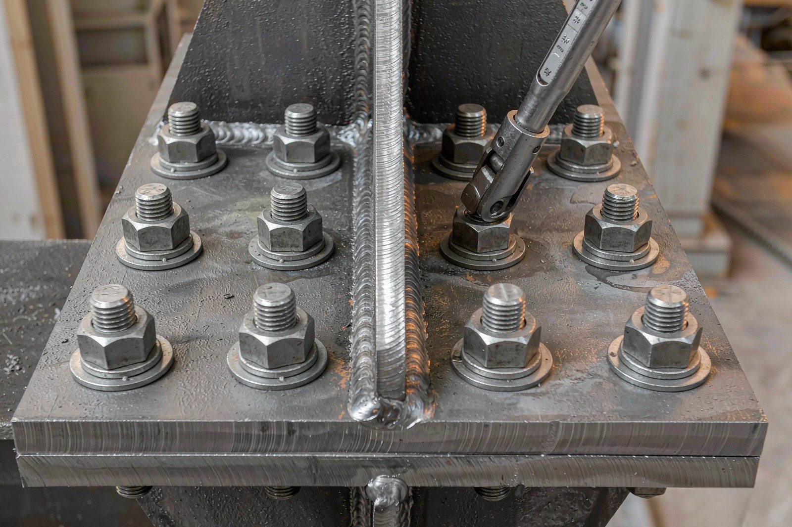 High-strength structural bolts tightened with a calibrated torque wrench on a spliced steel plate