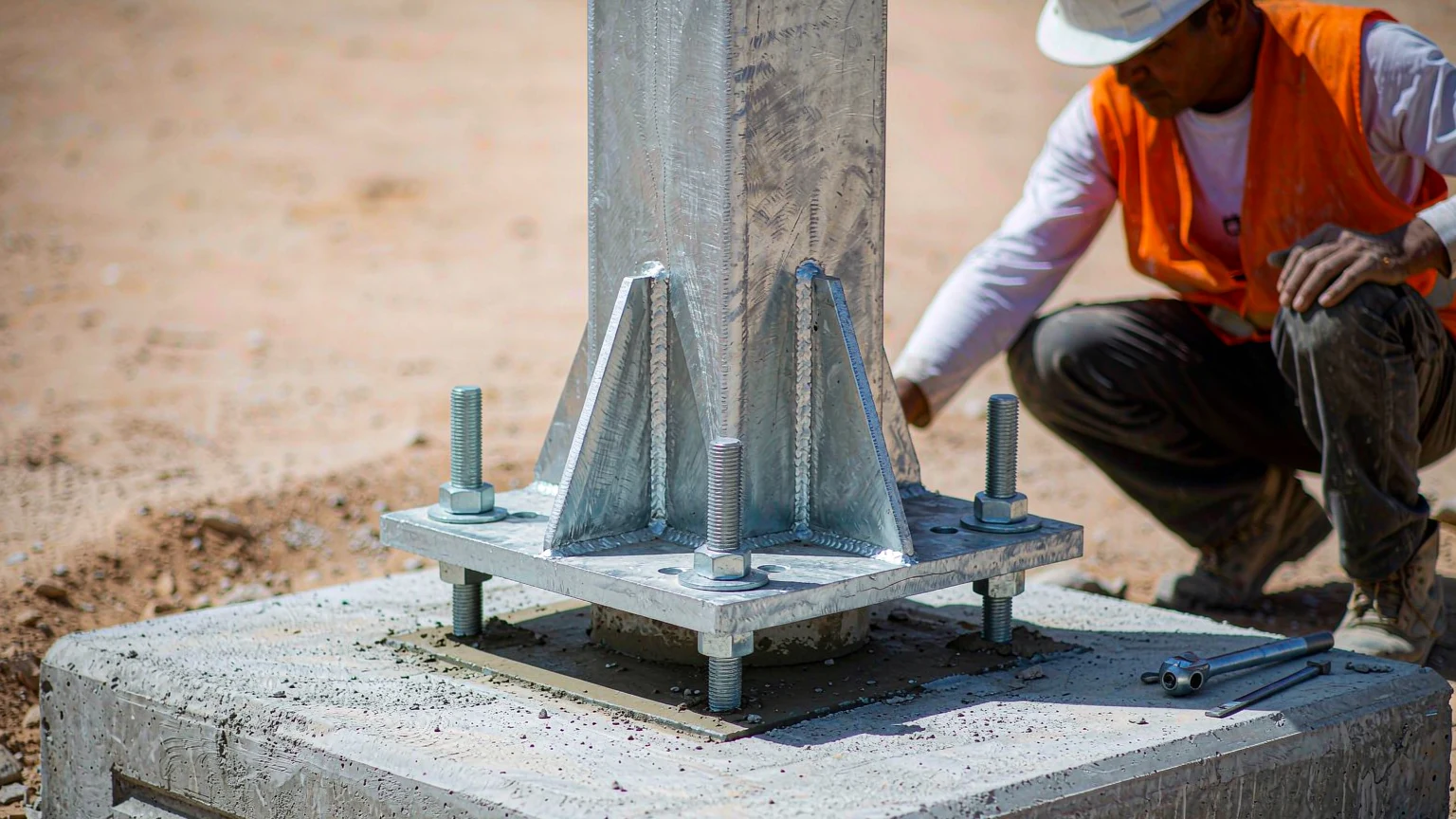 Galvanized steel column base plate with anchor bolts, stiffeners and grout pad on a concrete footing in the UAE