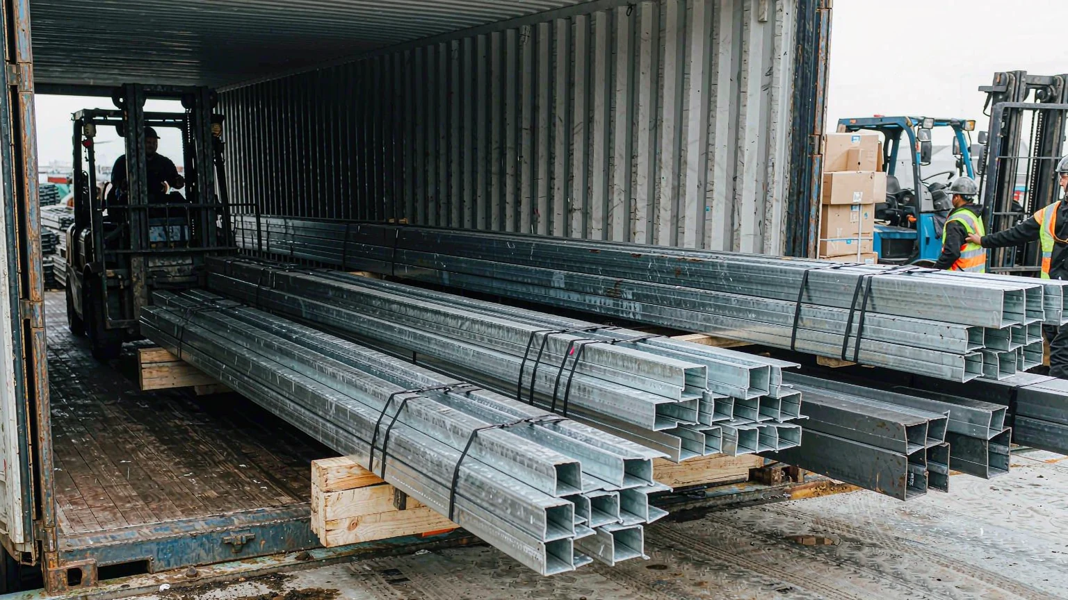 Steel structure members bundled on timber cradles being loaded into a 40 ft container for export to Jebel Ali