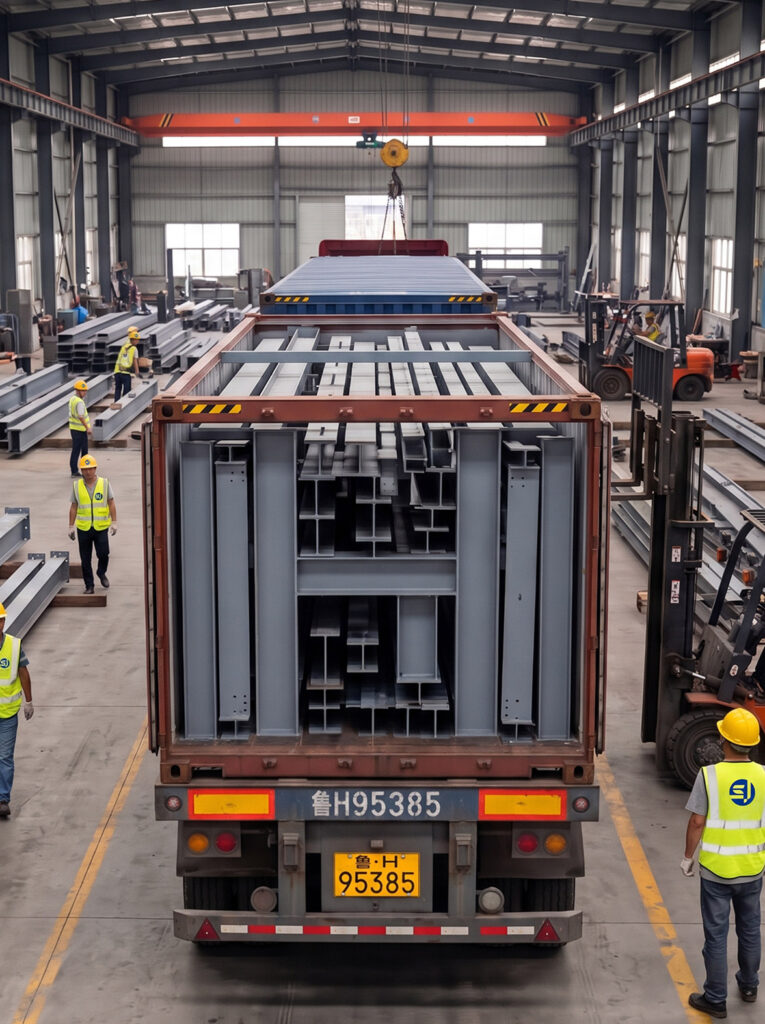 A container truck loaded with steel structures sits inside SynJect’s steel fabrication workshop—a perfect realization of the design previously visualized by SynJect engineers using 3D simulation tools.