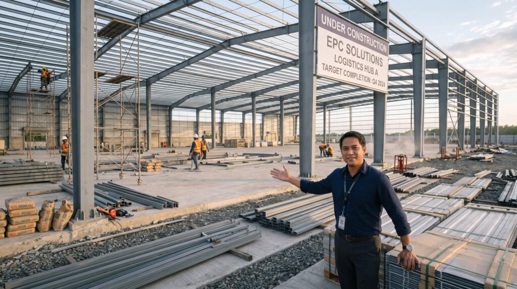 Snapshots from the construction of a steel-structure logistics warehouse project